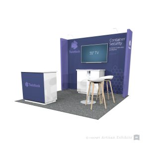 10x10 Wall System with Large Mounted TV and Custom Counters