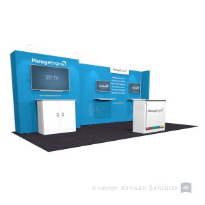 10x20 Modular Exhibit with 55" TV Presentation and Two 40" TV Workstations