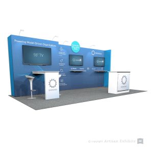 10×20 Wall System Exhibit with Peninsula Table and Two Workstations