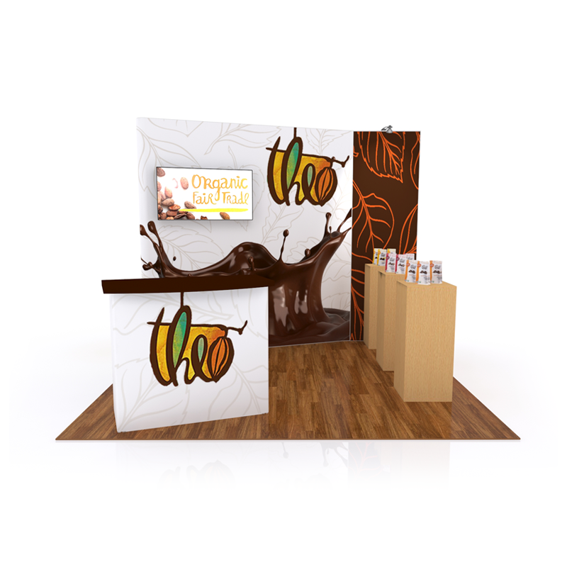 Ten foot by ten foot booth design with pedestals and storage counter