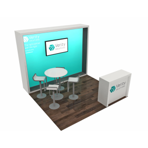 10’ Custom laminate exhibit design featuring wood construction laminated shadowbox framing the backlit graphic perimeter, mounted TV and large counter with edge glow.