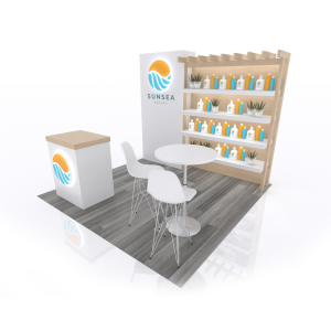 10’ x 10’ Custom retail shelving exhibit, with architectural wood details and spanning product shelves