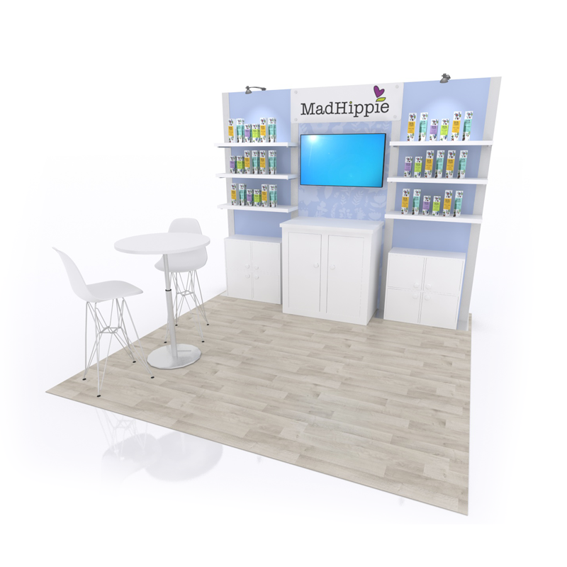 10’ Inline modular retail shelving exhibit with locking storage cabinets and cubbies. Open area and easy access to mounted TV and product shelving