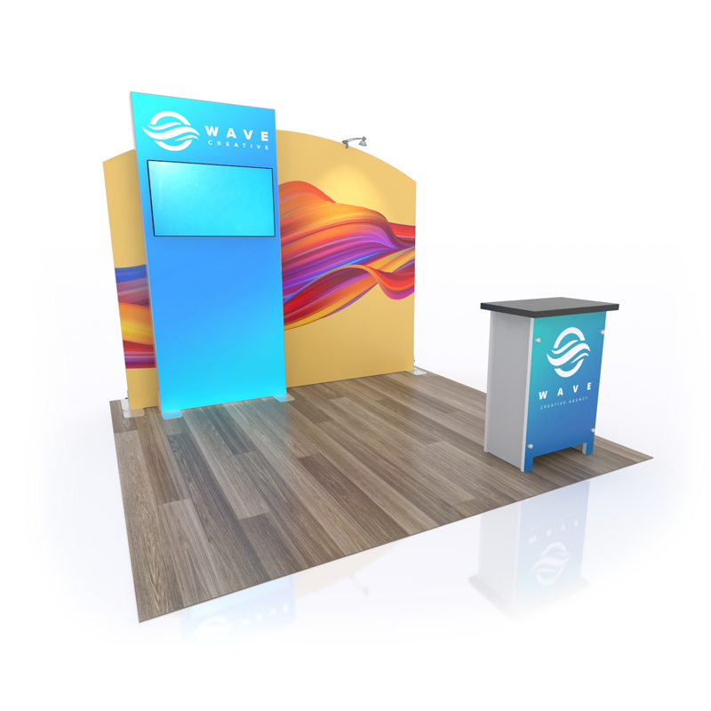 10×10 portable display with backlit TV section, dye-sub tension fabric section and portable counter