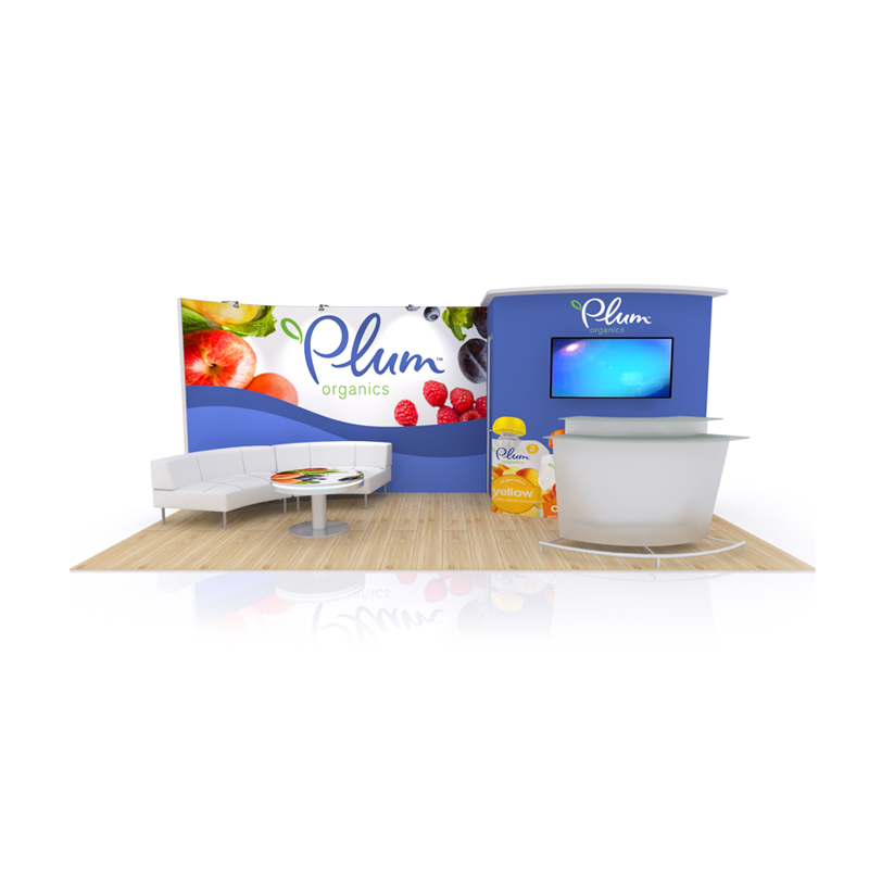 10×20 Custom wall system exhibit with curved backwall sections and laminated cap