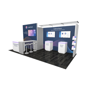 10 x 20 Inline Exhibit with Locking Door Storage Closet, Metal Frame Canopy over two Demo Workstations, Large Presentation TV with Genius Bar Table