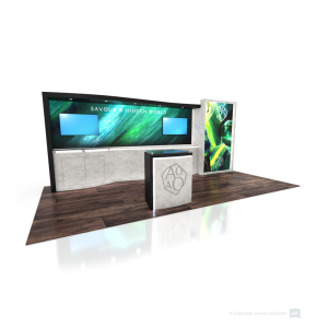 10 x 20 Custom Exhibit Aluminum Frame System and Wood Construction Backwall Cabinets