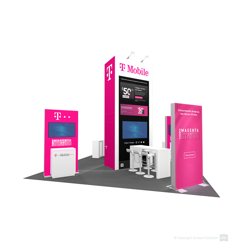 20x20 Island Booth Tower with Backlit Demo Kiosks and Large Backlit L-Shaped Reception Counter